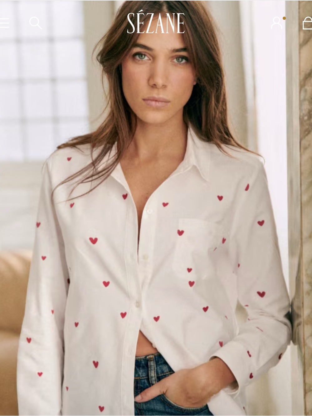 Sézane Tomboy Shirt Embroidered Red Hearts Organic Cotton Size 38 US 6
